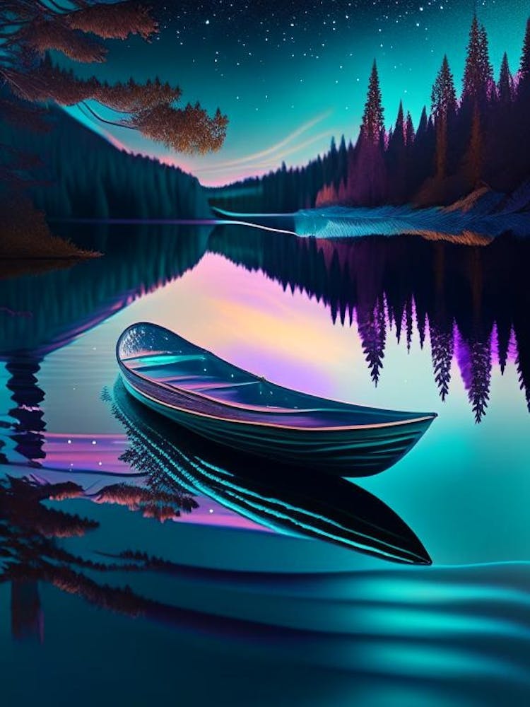 Canoe On Lake, Water, Waterscape Holographic 2