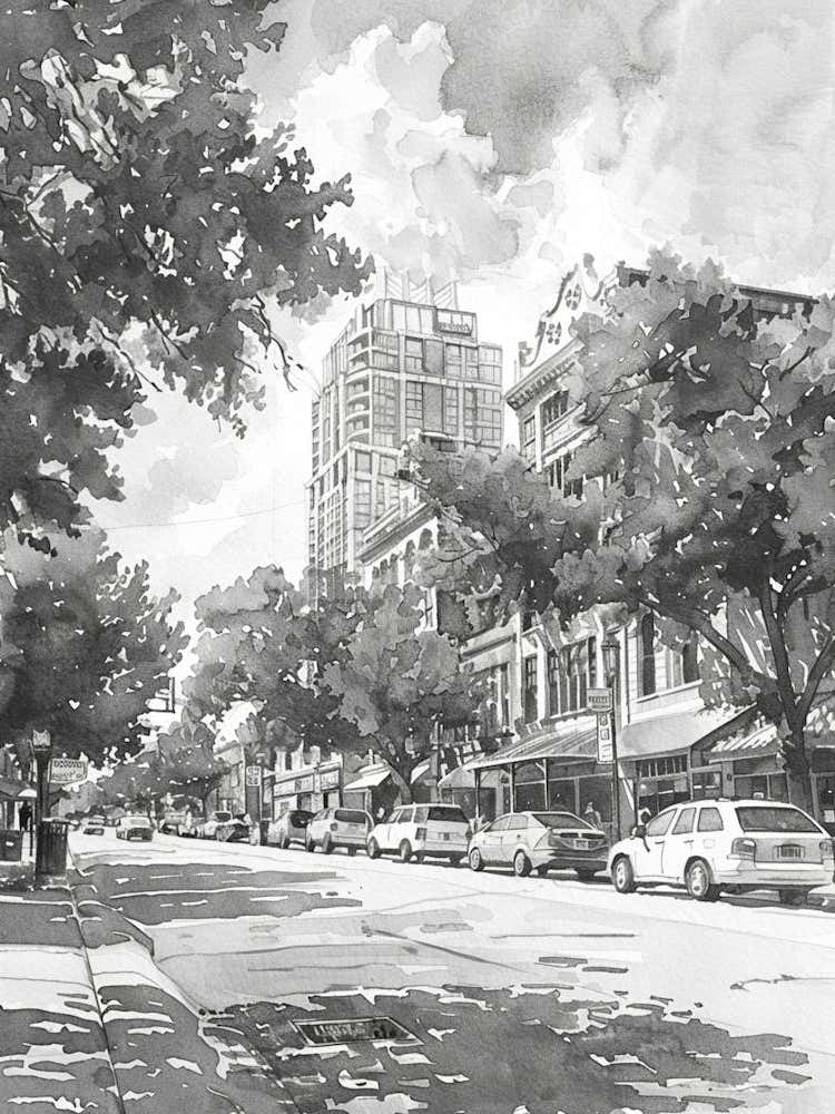 Rainey Street Historic District Austin Texas Black And White Watercolour 4