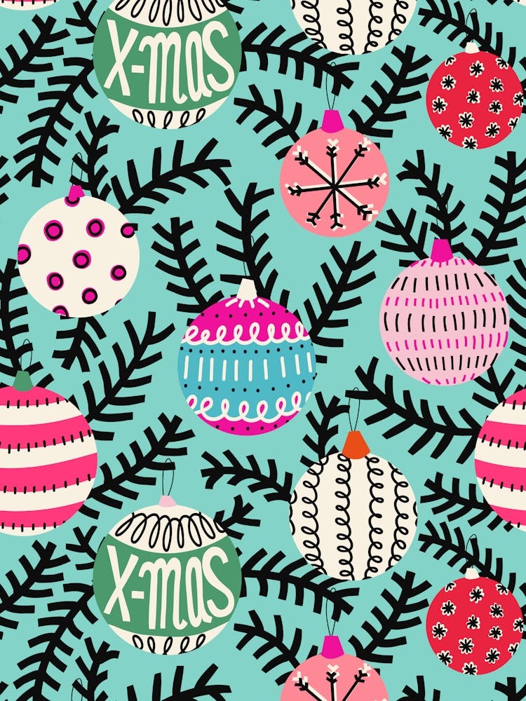 Multicolor Vintage Christmas Baubles Hanging on Branches on Aqua