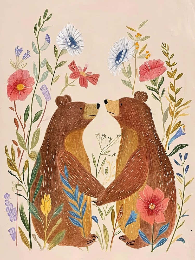 Folksy Floral Animal Drawing Brown Bear