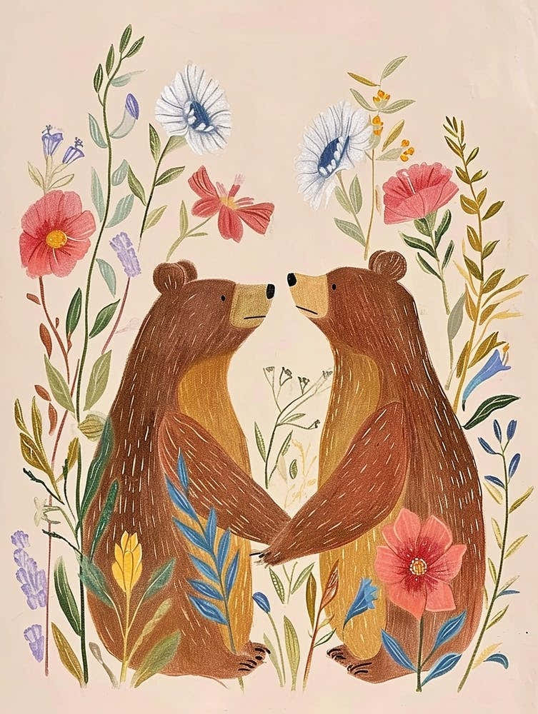 Folksy Floral Animal Drawing Brown Bear