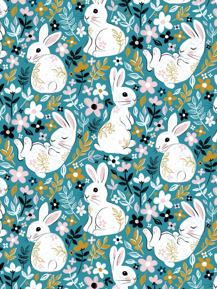 Little White Rabbits On Teal