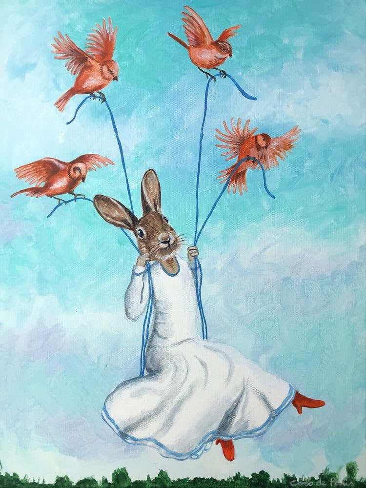 Rabbit On Swing With Birds