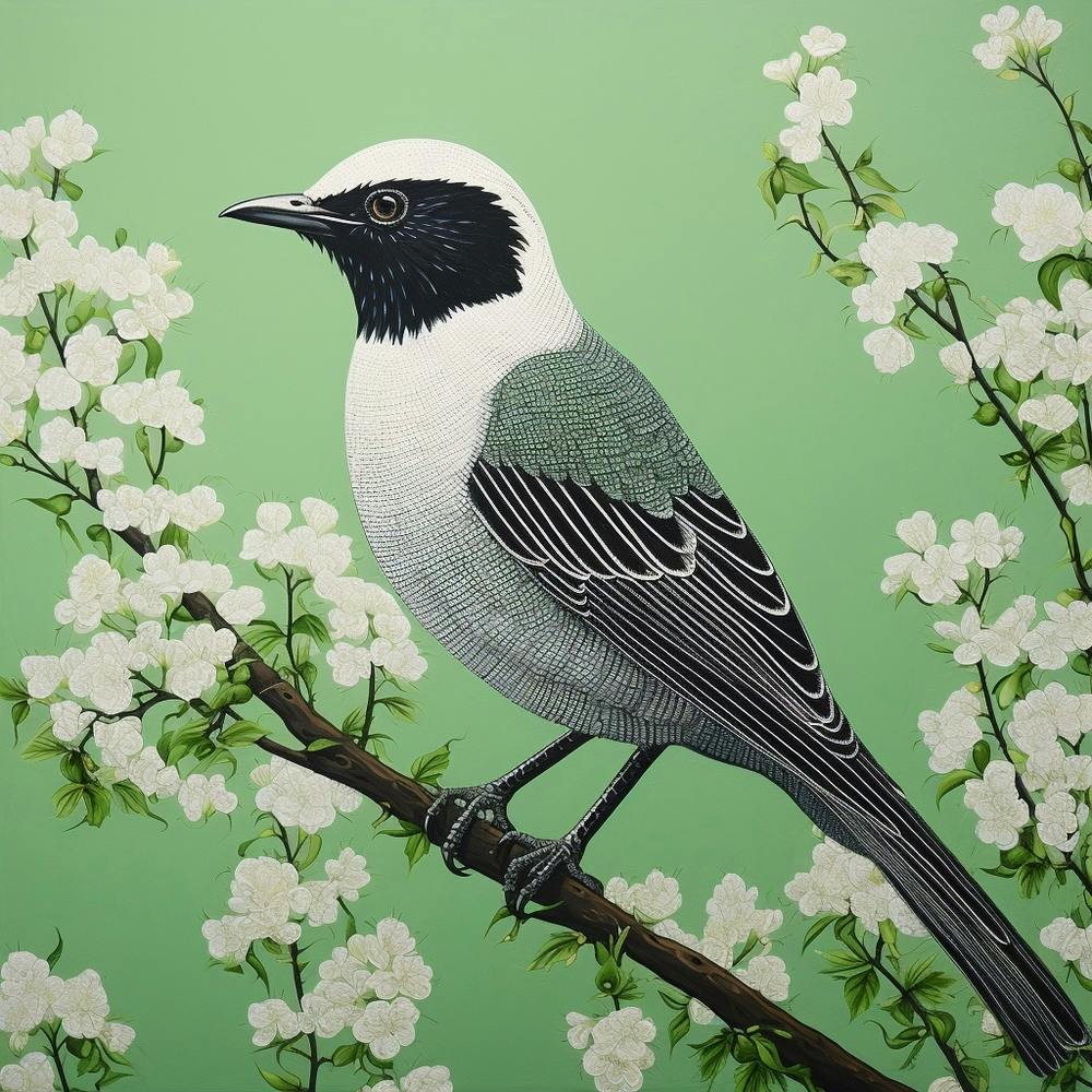 Ohara Koson Inspired Bird Painting Mockingbird 1 Square