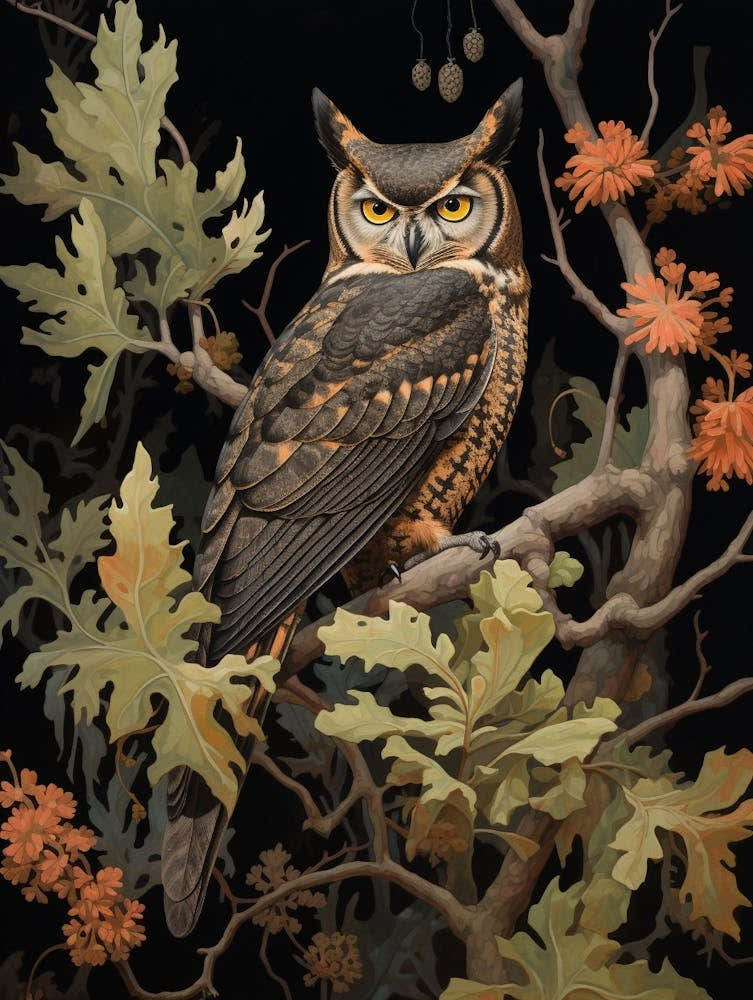 Dark And Moody Botanical Great Horned Owl 3