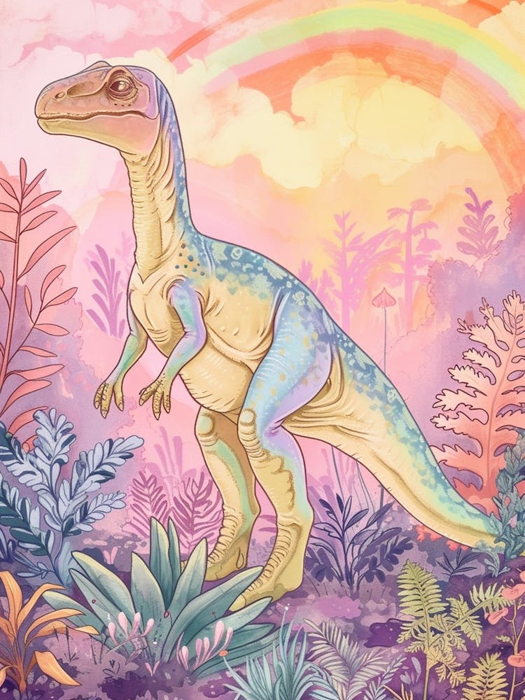 Pastel Rainbow Compsognathus Dinosaur Art Print by Dino Delights Fy!
