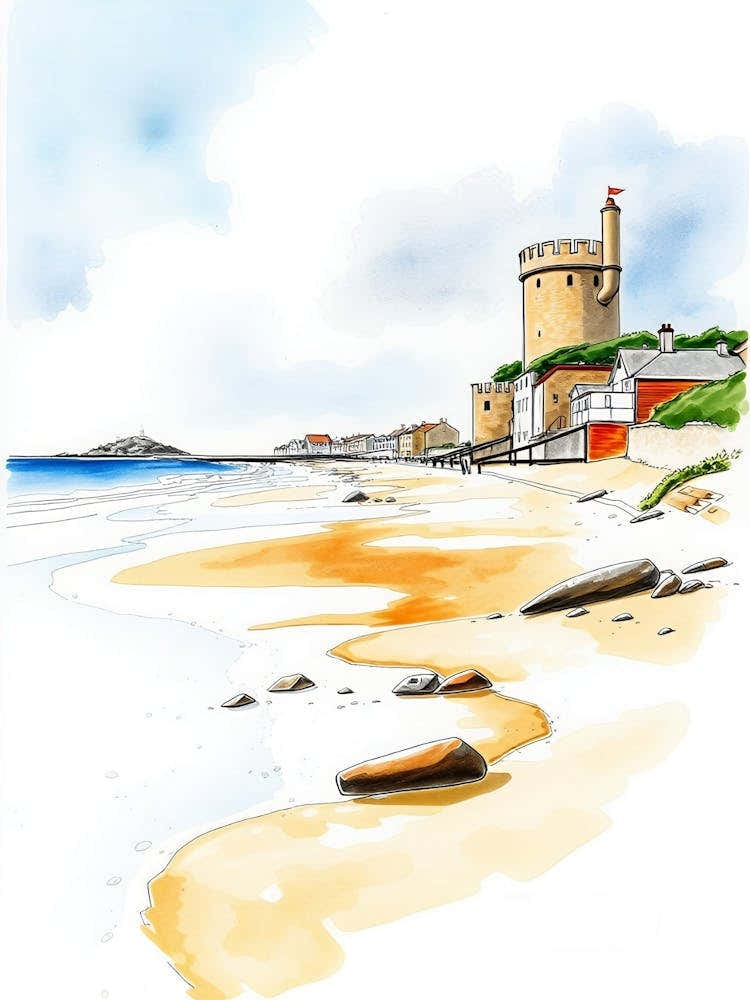 Watercolor Sketch Of A Castle On The Beach