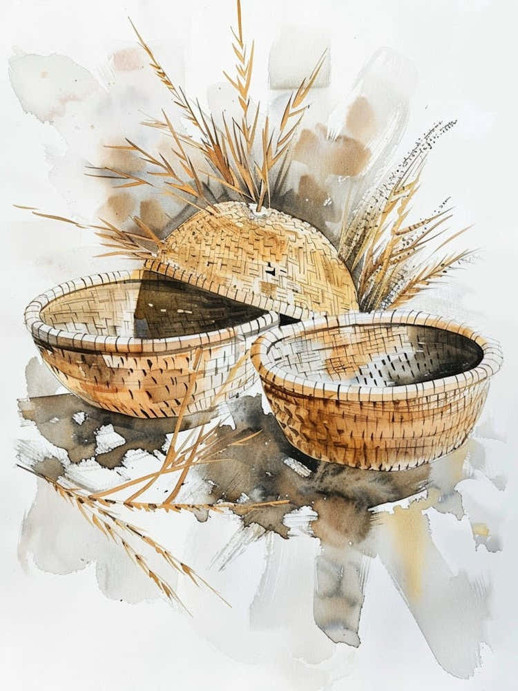 Rural Straw Weaving Products, Ink Or Watercolor Painting Style