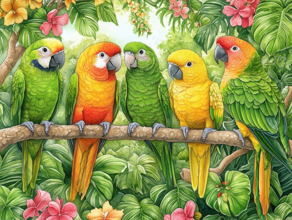 Parrots On A Branch