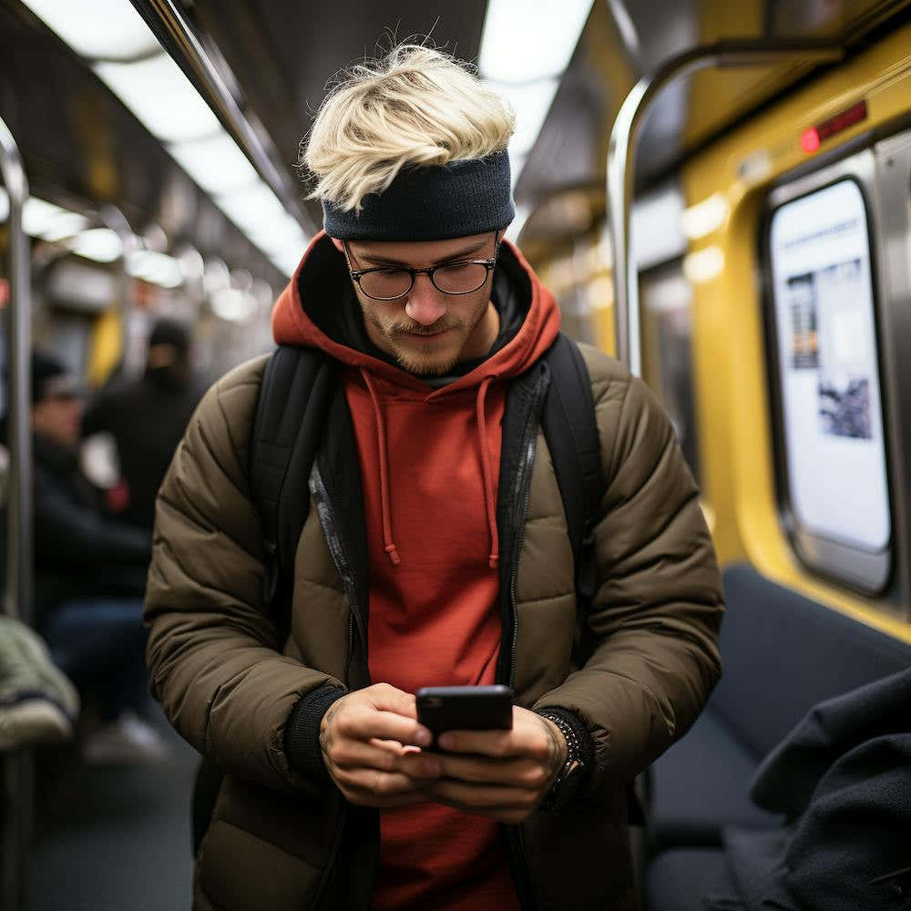 Young Man On A Subway Looking At His Phone
