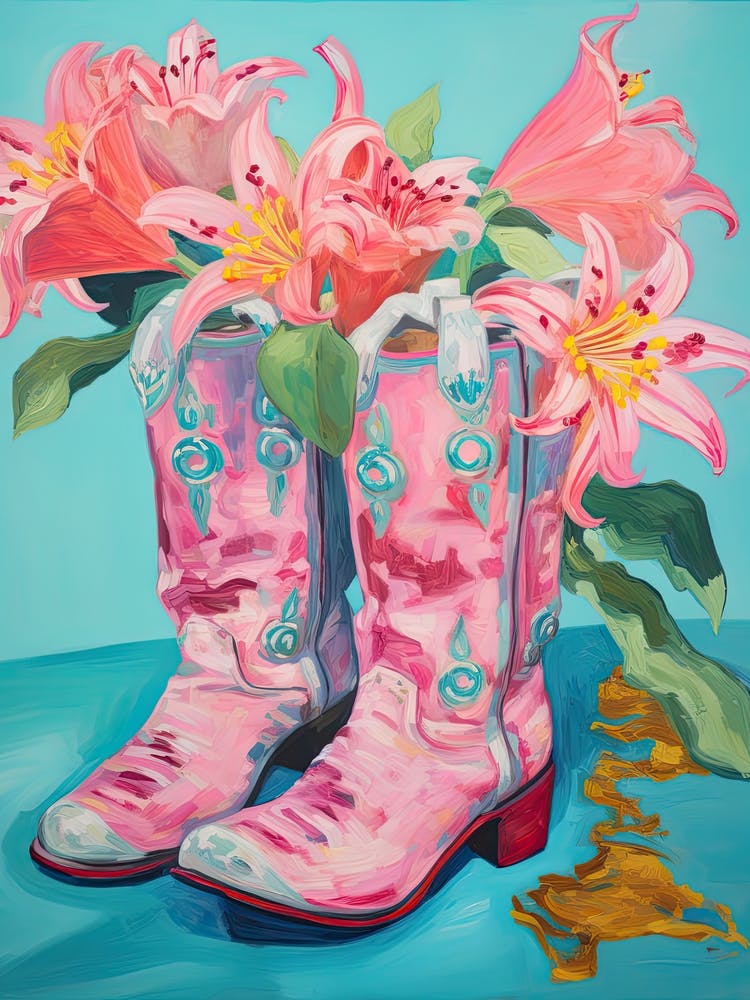 Oil Painting Of Pink And Red Flowers And Cowboy Boots, Oil Style 4