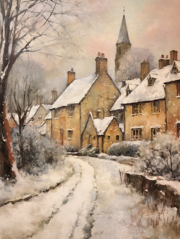Vintage Winter Painting Cotswolds United Kingdom 1