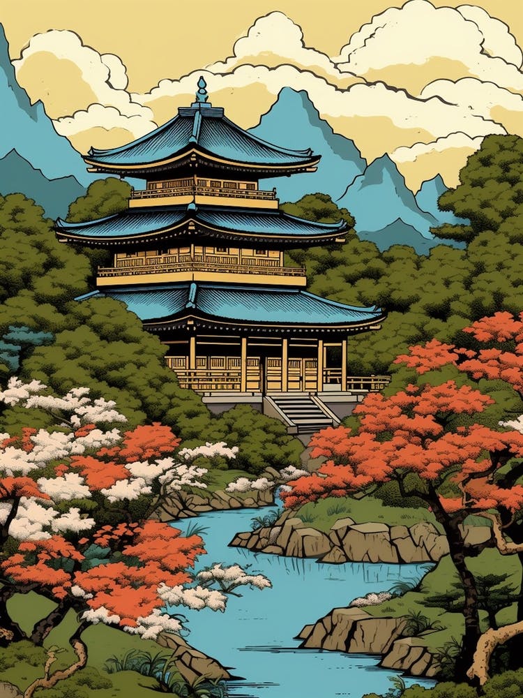 Byodo In Temple, Japan Vintage Travel Art 3