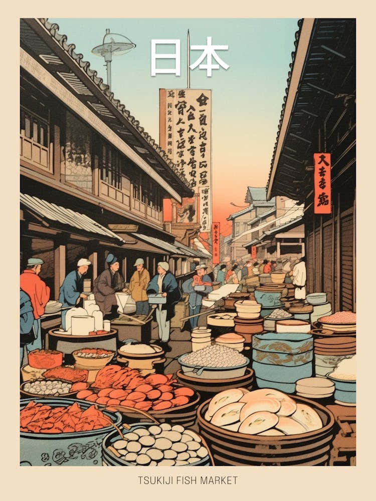 Tsukiji Fish Market, Japan Vintage Travel Art 4 Poster