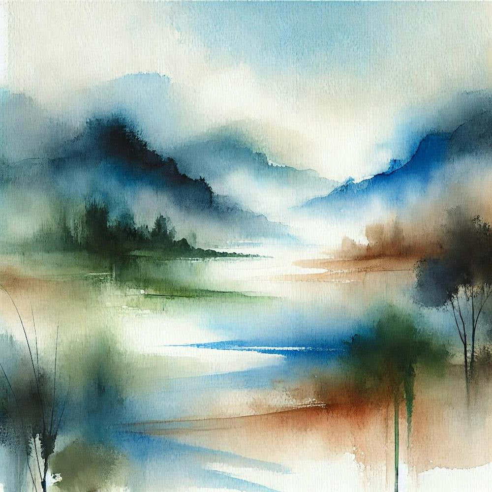 Abstract Watercolor Landscape Printed Art A Soothing Abstract Landscape Rendered In Watercolor, Perfect For Bringing Calm And Serenity To Any Space Printed Art