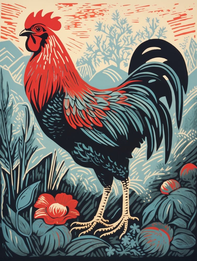 Vintage Bird Linocut Chicken 7