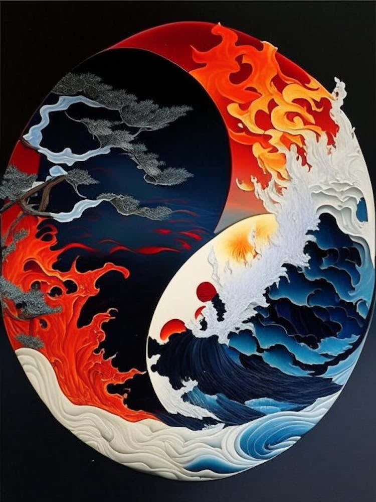 Fire And Water 4, Yin and Yang Japanese Ukiyo E Style