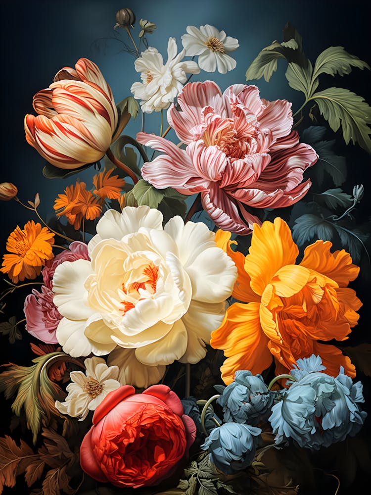 Elegant Floral Bouquet Artwork – Vibrant Peonies, Tulips & Wildflowers Illustration