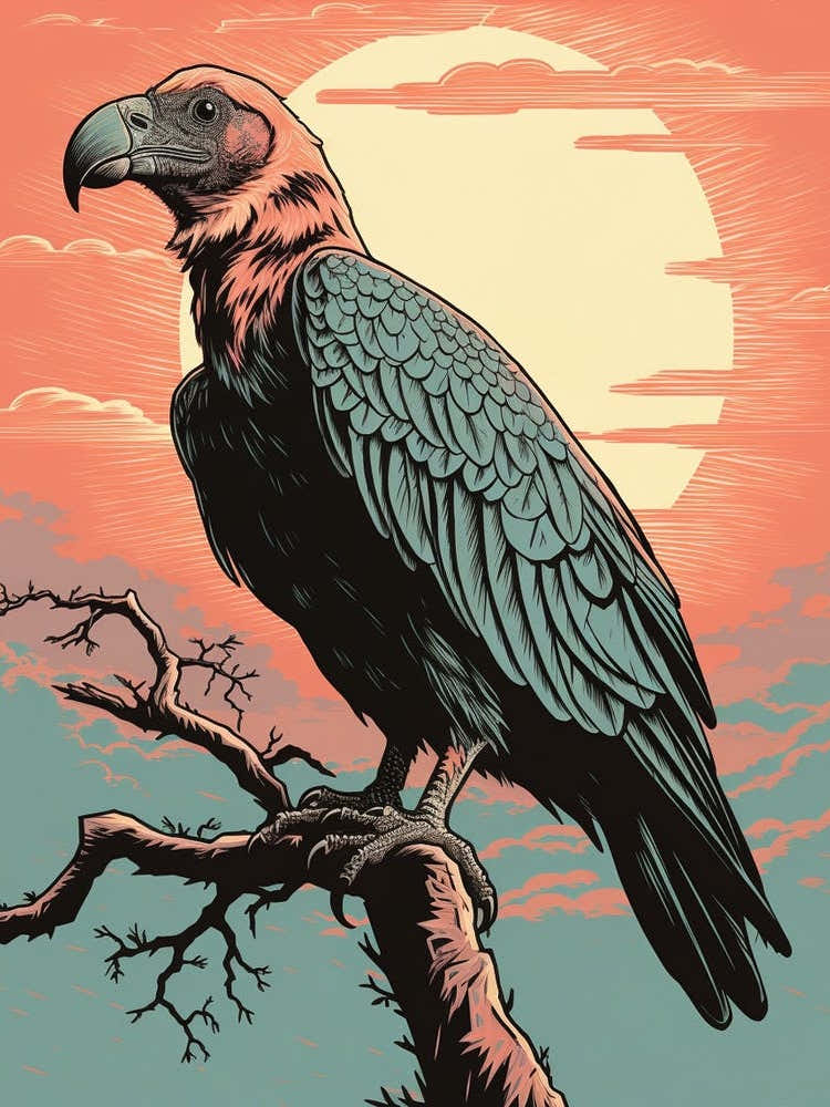Vintage Bird Linocut Vulture 1