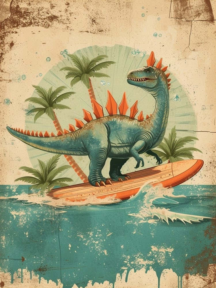 Vintage Stegosaurus Dinosaur On A Surf Board 3