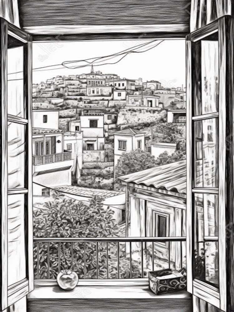Window View Of Athens Greece   Black And White Colouring Pages Line Art 1