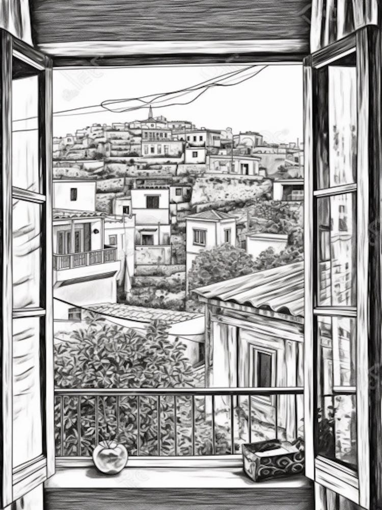 Window View Of Athens Greece   Black And White Colouring Pages Line Art 1