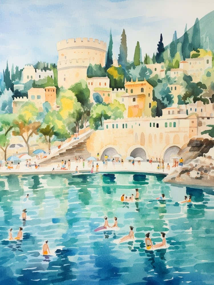 Swimming In Korcula Croatia Watercolour