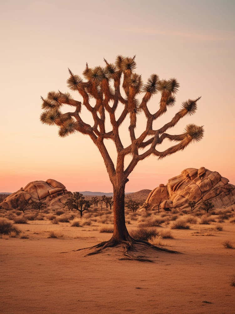 Photograph Of A Joshua Tree At Dusk  In A Sandy Desert 2