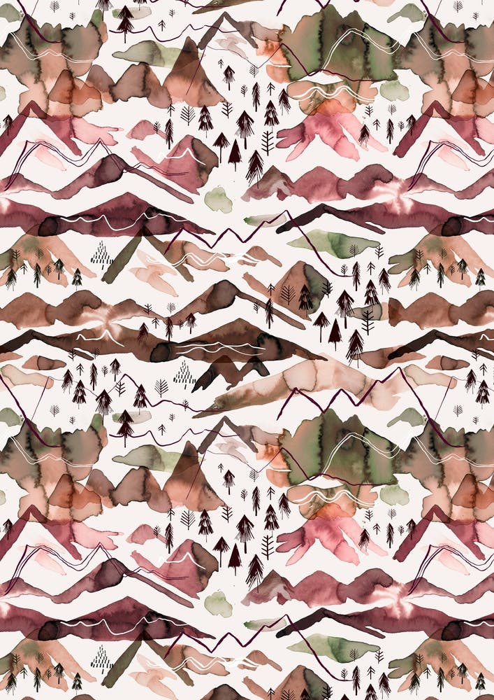 Watercolor Mountains Red Green Red