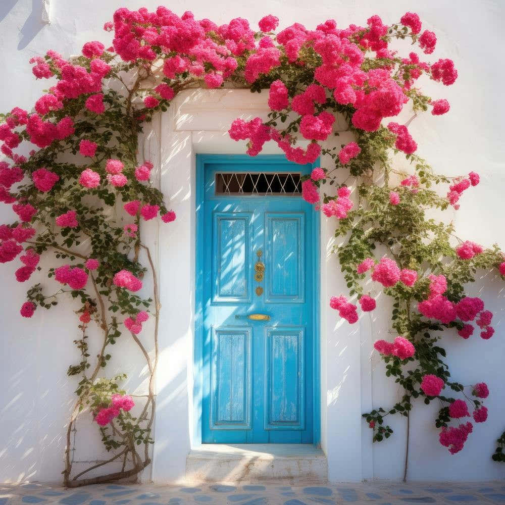 Blue Door With Pink Roses