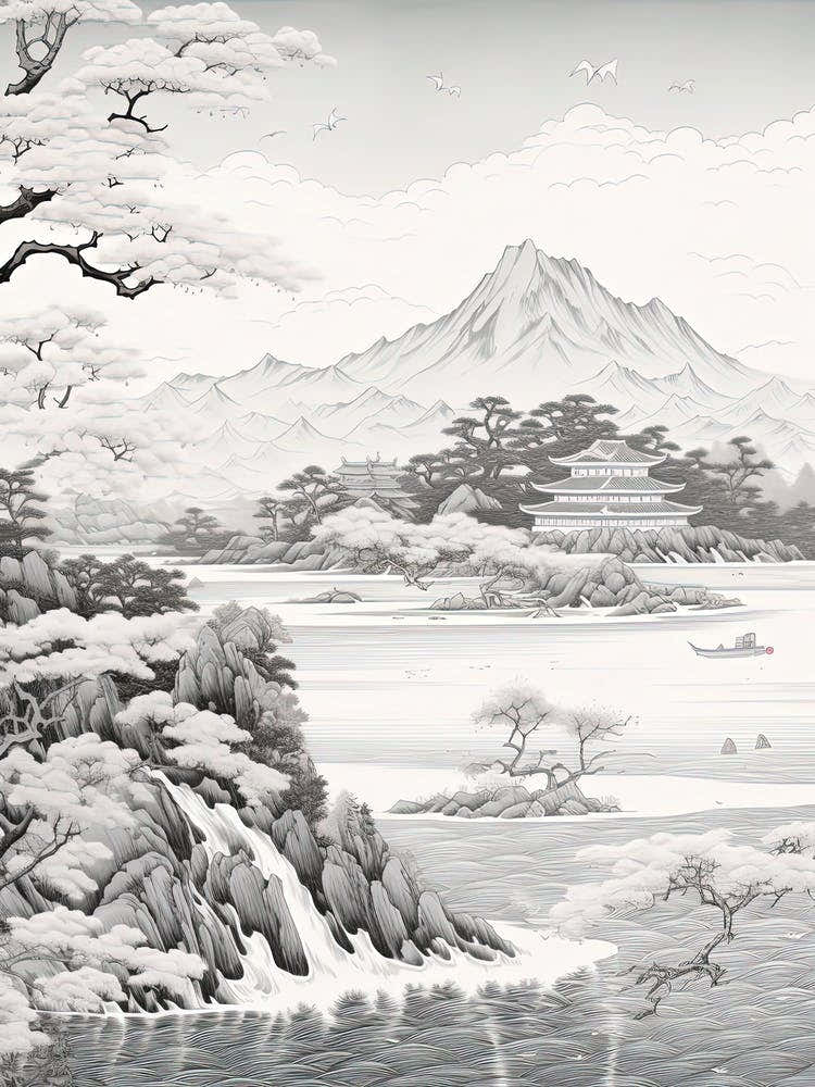 The Ogasawara Islands In Tokyo, Ukiyo E Black And White Line Art Drawing 2