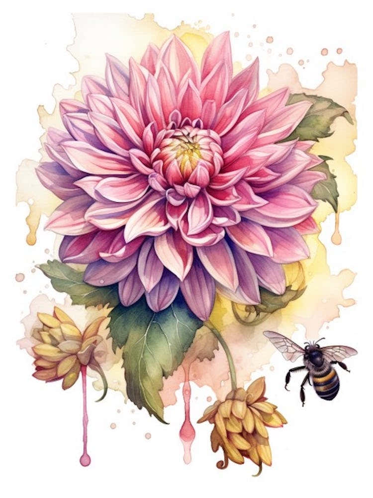 Beehive With Dahlia Watercolour Illustration 4