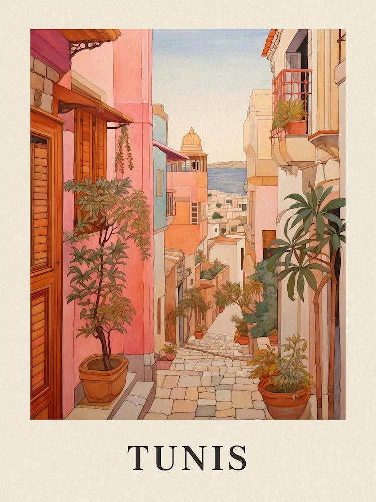 Tunis Tunisia 1 Vintage Pink Travel Illustration Poster