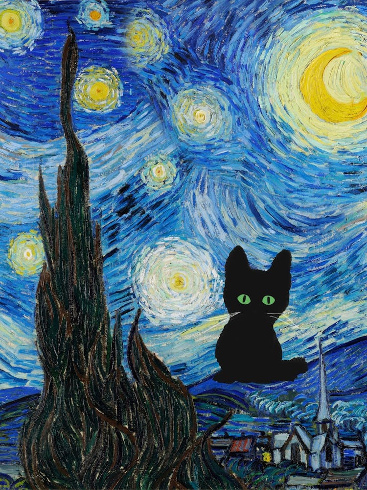 The Starry Night, Vincent Van Gogh  Style With Black Cat Portrait