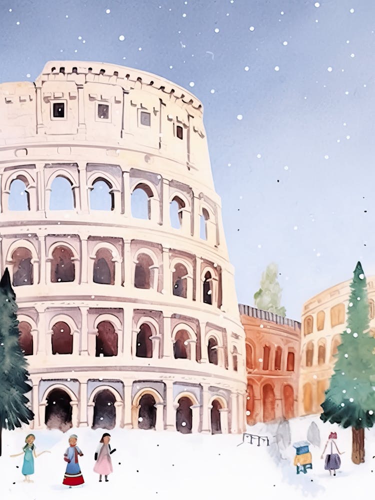 Rome Italy Snow Travel Christmas Painting Blue