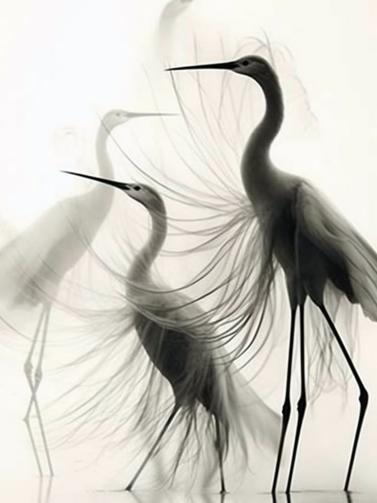 Herons In Flight Black and White Silhouette