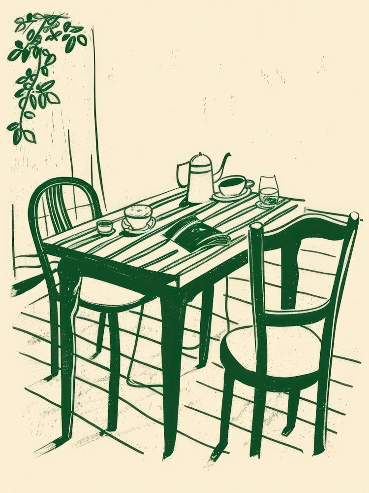 Summertime Afernoon Tea Green Line Art Illustration