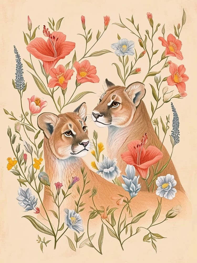 Folksy Floral Animal Drawing Mountain Lion 4