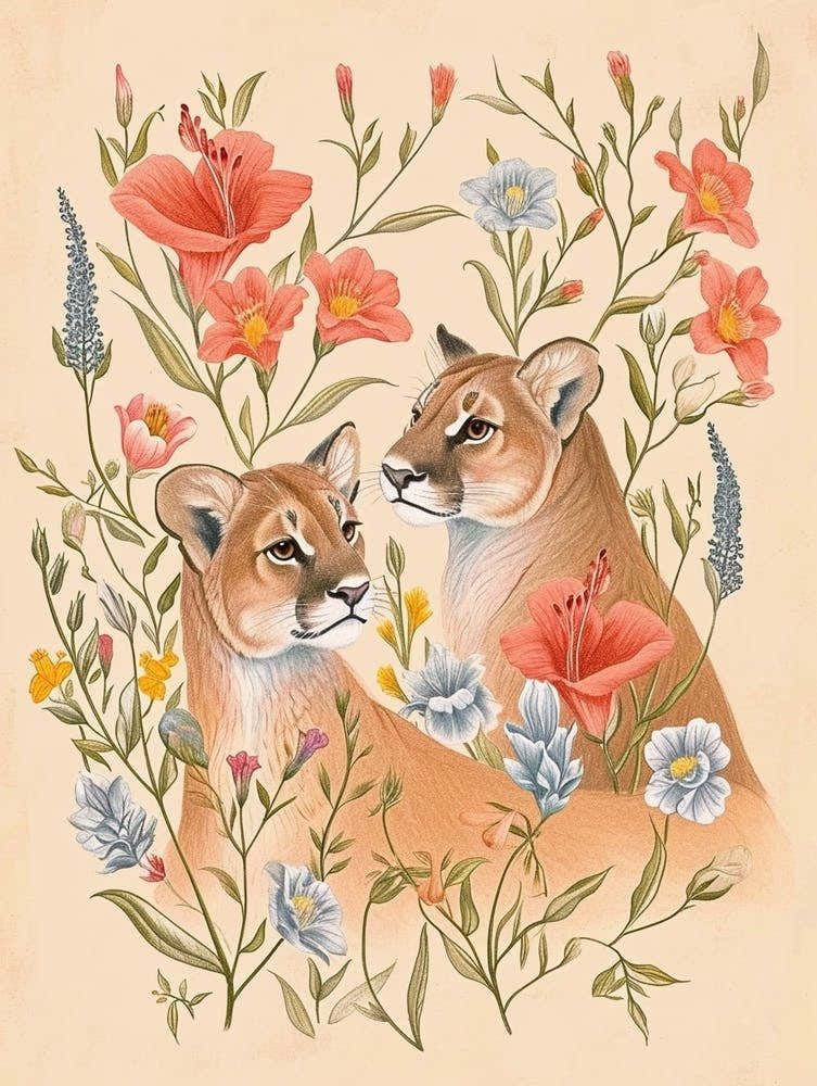 Folksy Floral Animal Drawing Mountain Lion 4