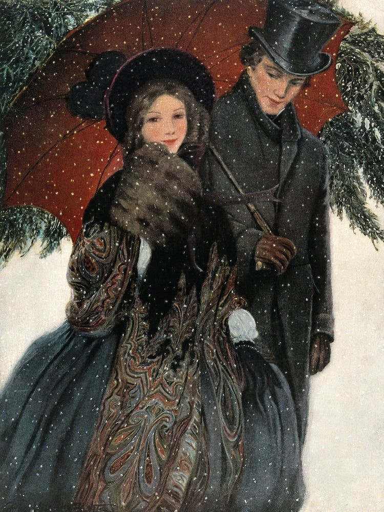 Lovers Couple In The Snow. Vintage Portrait