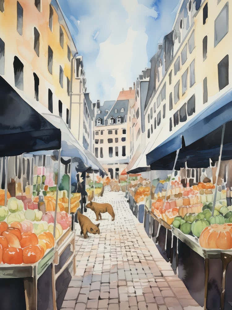 Food Market With Cats In Vienna 4 Watercolour