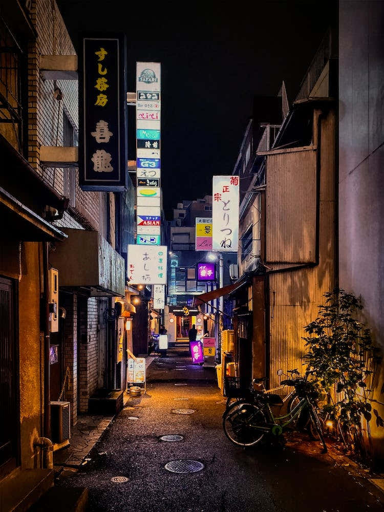 Bars Lining A Dark Back Alley Tokyo, Japan