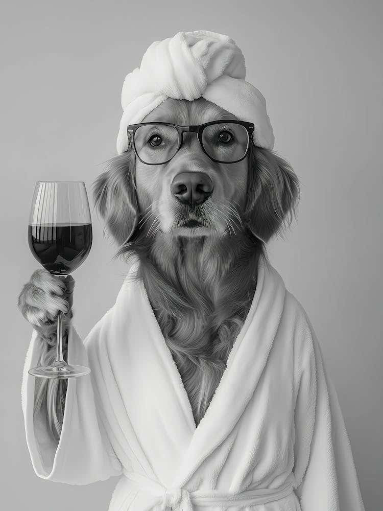 Golden Retriever In Bathrobe Holding Wine Print, Black And White Wall Art, Dog Owner Gift, Pet Art, Funny Dog Poster, Bathroom Wall Decor