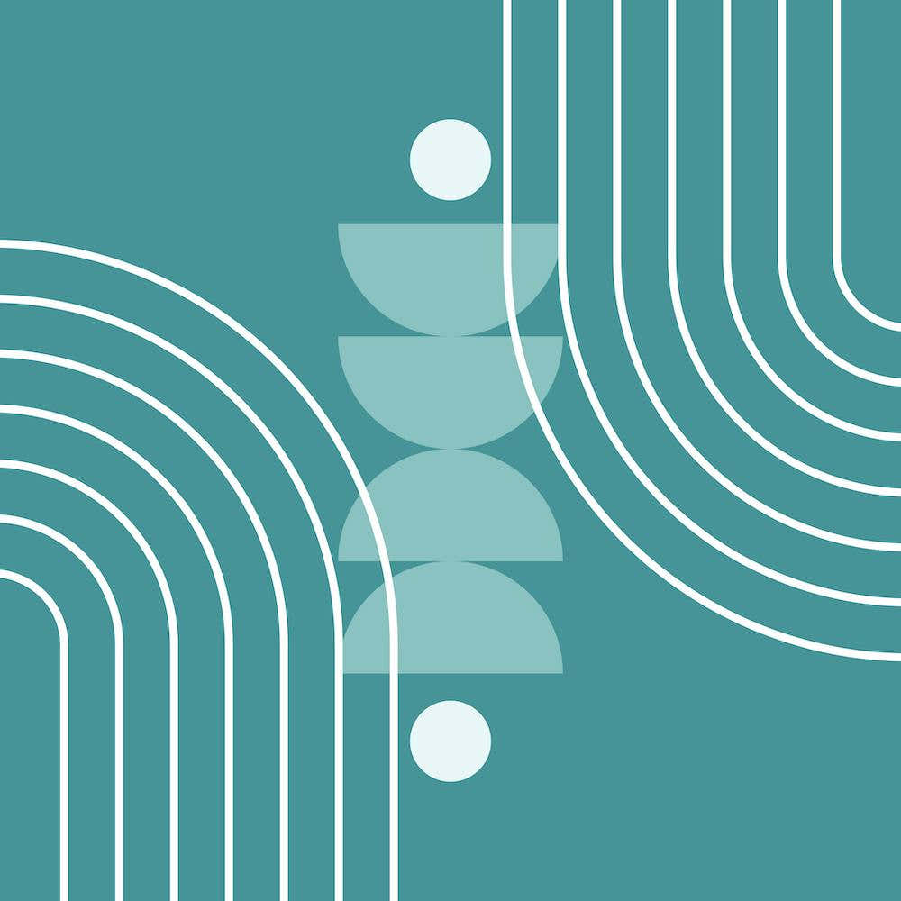 Mid Century Modern Geometric Abstract, Rainbow, Sun, Moon Phases, Scandi, Scandinavian in Teal Green