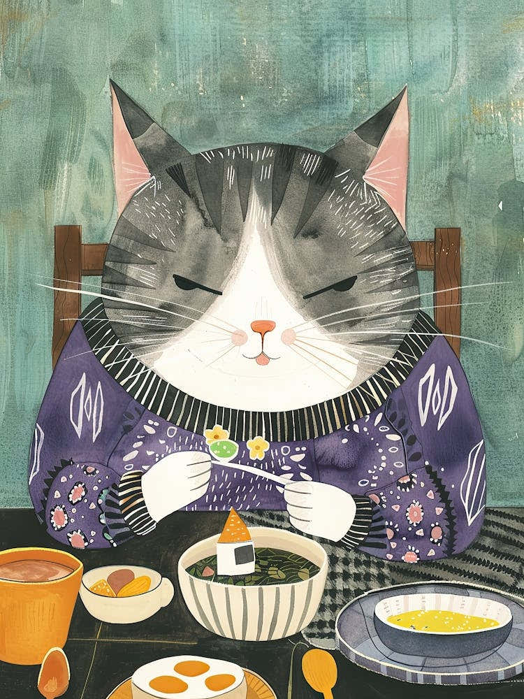 Grey And White Cat Having Breakfast Folk Illustration 2
