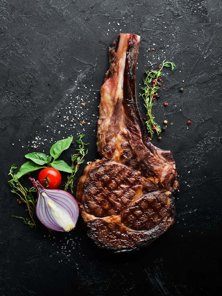 BBQ, Grilled steak on a bone — Food kitchen poster/blackboard, photo art 1