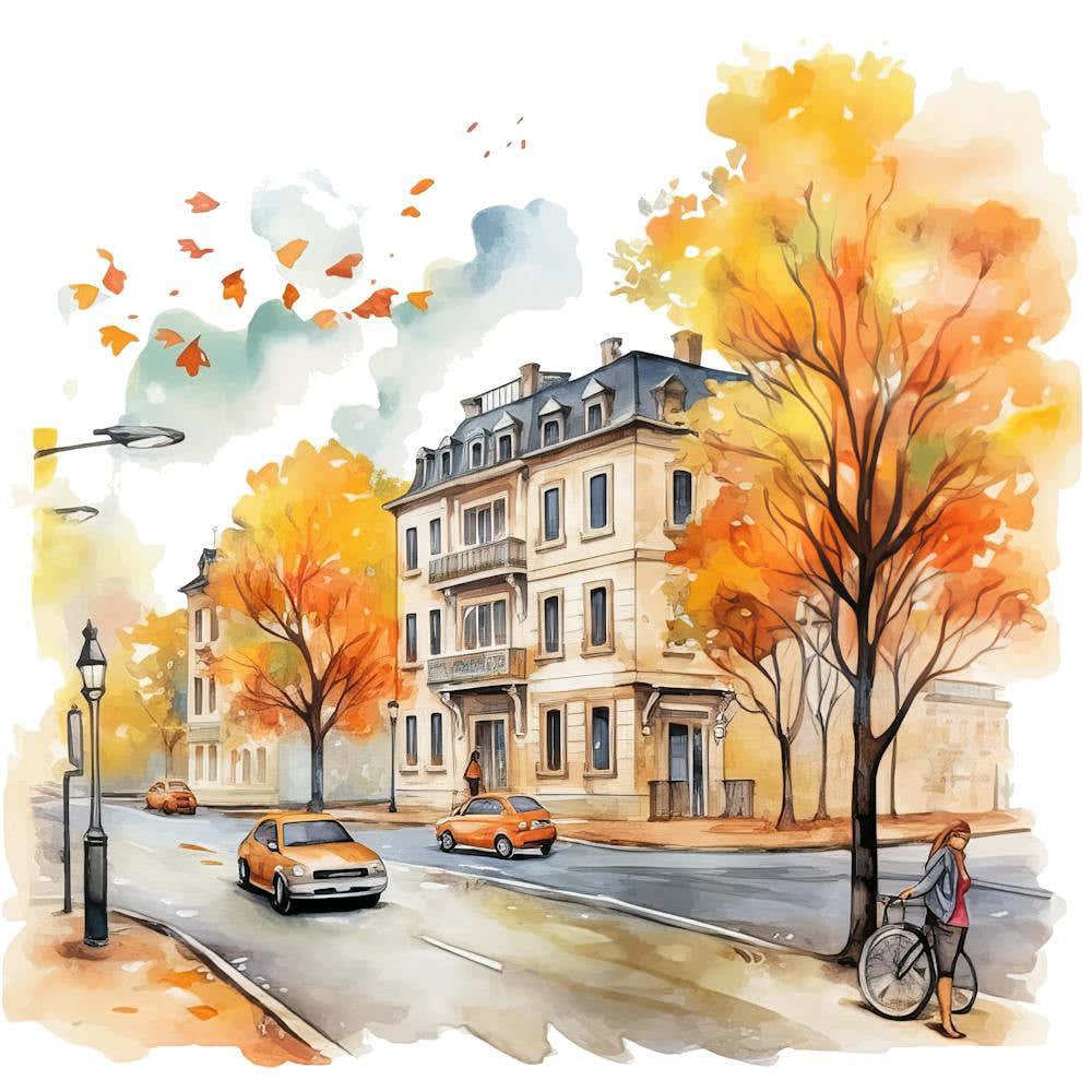 Watercolor Autumn Street 1