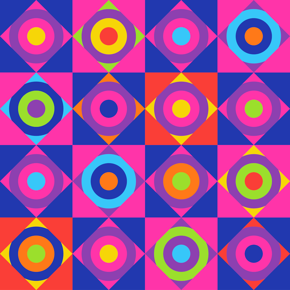 GEOMETRIC CIRCLE CHECKERBOARD TILES in Glam 70s Disco Revival Colours Pink Purple Red Orange