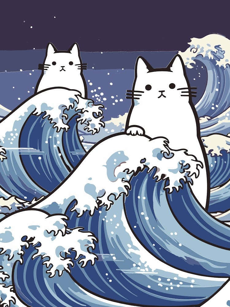 Hokusai Great Wave Cats Kawaii Cartoon