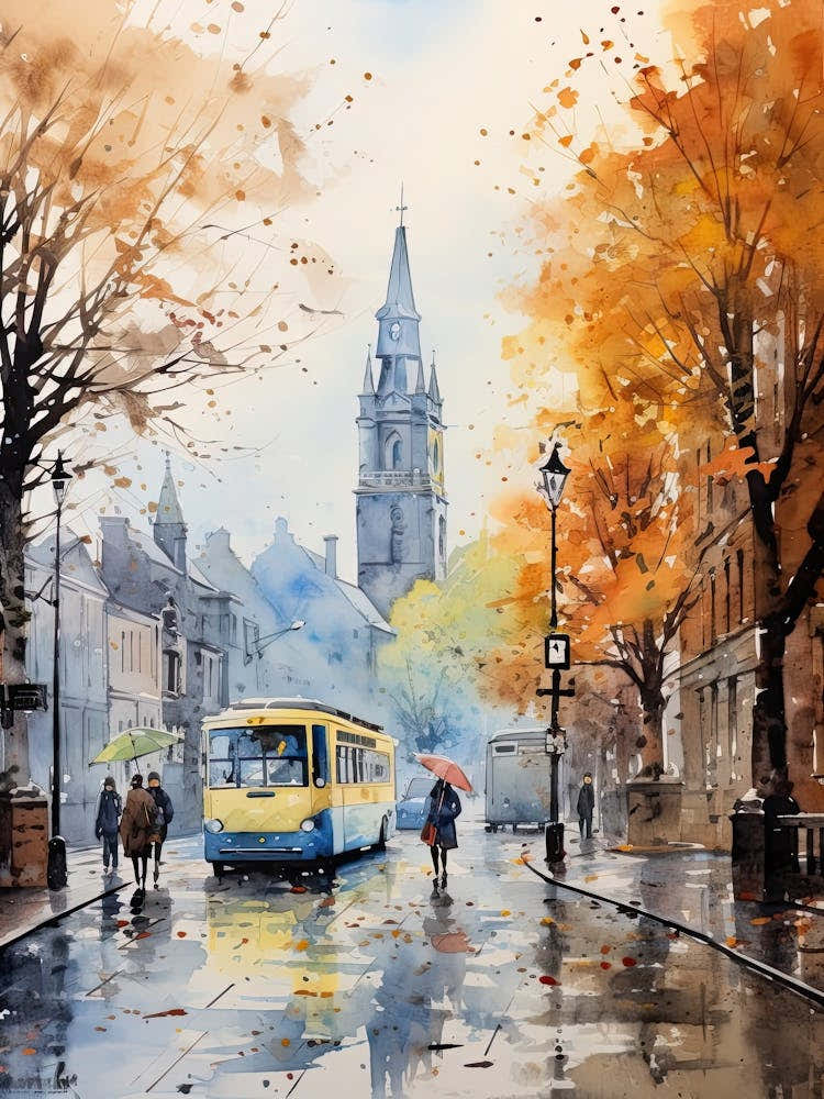Dublin Ireland In Autumn Fall, Watercolour 4